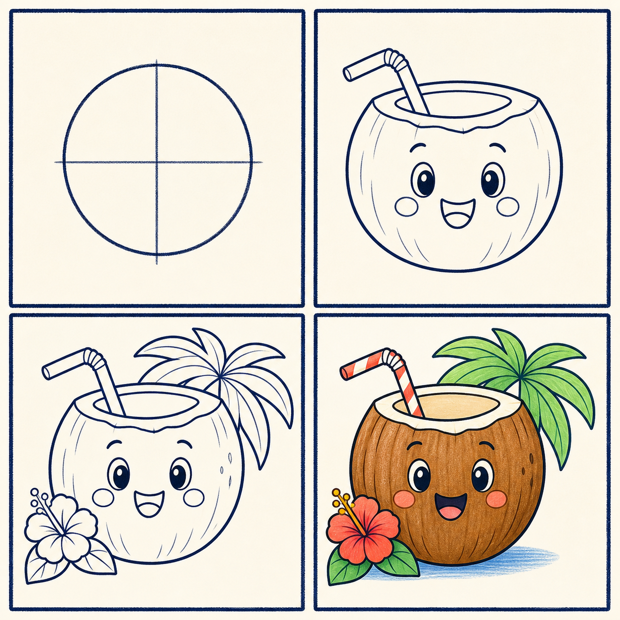 Paso para dibujar un coco feliz